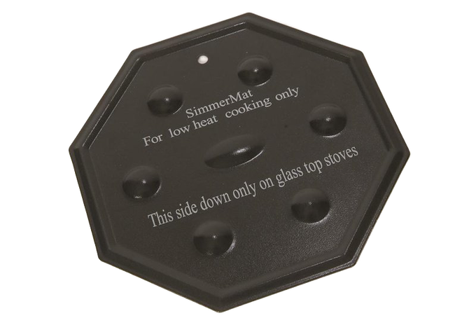 Octagonal black steel heat diffuser disc with raised bumps and engraved instructions for low heat use on glass top stoves, featured in Kitchen & Food and Cooking and Baking Helpers collections.