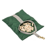 Green fabric clothespin bag with beige strap and brass clip, filled with wooden clothespins, handcrafted and Amish made, perfect for laundry and clothesline accessories.