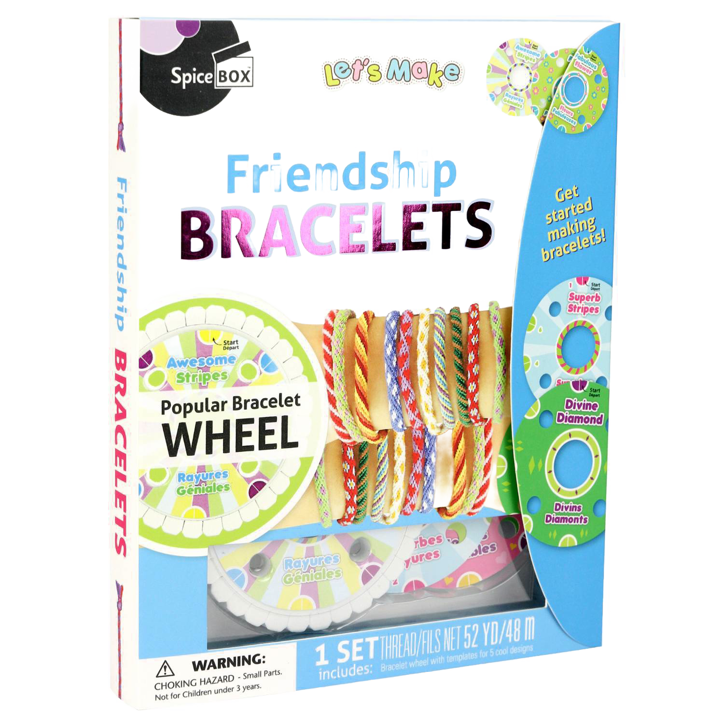 Packaging of a colorful friendship bracelet kit featuring a popular bracelet wheel and multiple striped and diamond-patterned bracelets, ideal for children's arts and crafts collections.