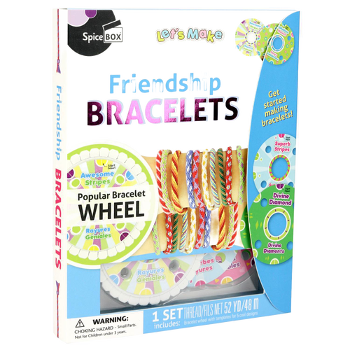 Packaging of a colorful friendship bracelet kit featuring a popular bracelet wheel and multiple striped and diamond-patterned bracelets, ideal for children's arts and crafts collections.