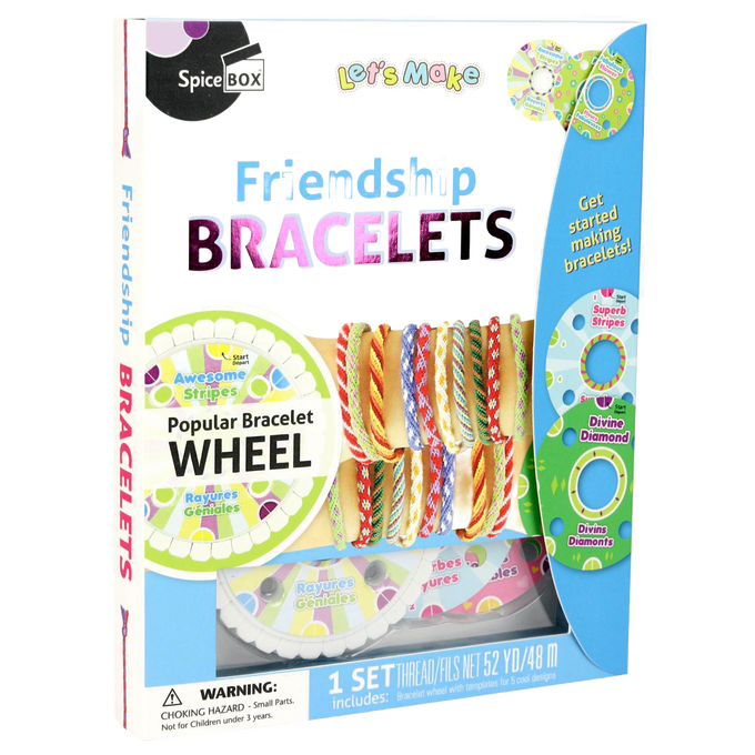 Packaging of a colorful friendship bracelet kit featuring a popular bracelet wheel and multiple striped and diamond-patterned bracelets, ideal for children's arts and crafts collections.