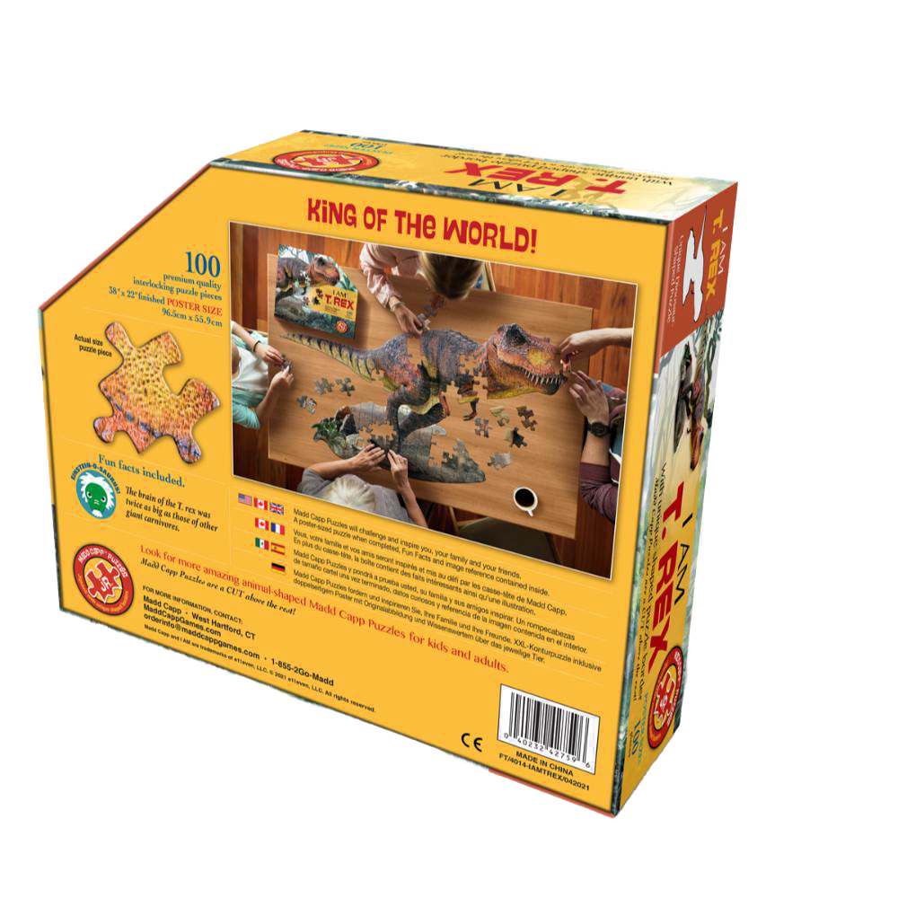 Box of a uniquely shaped 100-piece T-Rex puzzle with large, easy-to-hold pieces, featuring dinosaur facts, designed for children’s toys and puzzles in Best Sellers and Games collections.