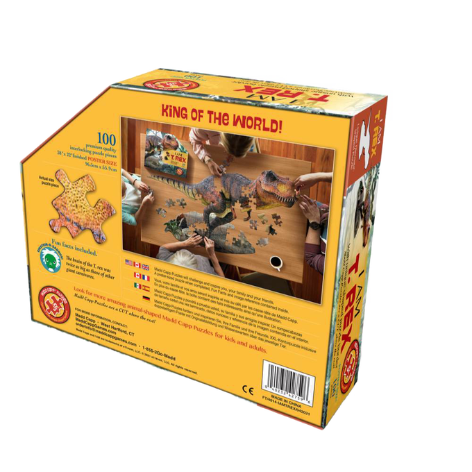 Box of a uniquely shaped 100-piece T-Rex puzzle with large, easy-to-hold pieces, featuring dinosaur facts, designed for children’s toys and puzzles in Best Sellers and Games collections.