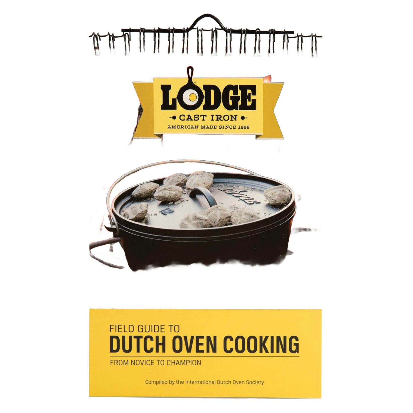 Image of a cast iron Dutch oven with lid and charcoal briquettes, accompanied by a yellow Lodge banner and a Field Guide to Dutch Oven Cooking book, featured in camping and cookbooks collections.