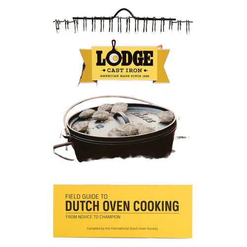 Image of a cast iron Dutch oven with lid and charcoal briquettes, accompanied by a yellow Lodge banner and a Field Guide to Dutch Oven Cooking book, featured in camping and cookbooks collections.