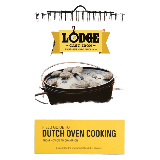 Image of a cast iron Dutch oven with lid and charcoal briquettes, accompanied by a yellow Lodge banner and a Field Guide to Dutch Oven Cooking book, featured in camping and cookbooks collections.