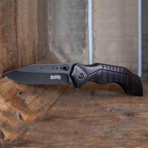 Smithy's Lockback Folding Knife with a blackened stainless blade and ergonomic textured handle, designed for everyday use in Farm, Garden & Tool and Pocket Knives collections.