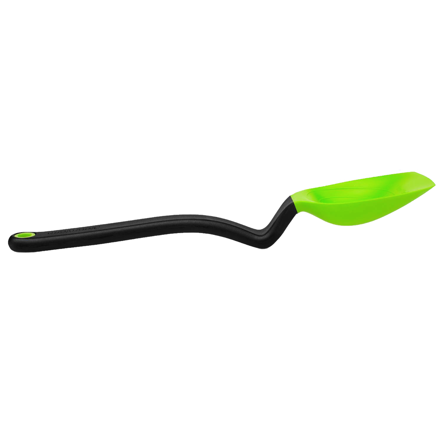 Flexible kitchen spoon with a curved black handle and bright green silicone scoop designed for measuring, scooping, and scraping in Kitchen & Food, Food Prep, and Measuring collections.