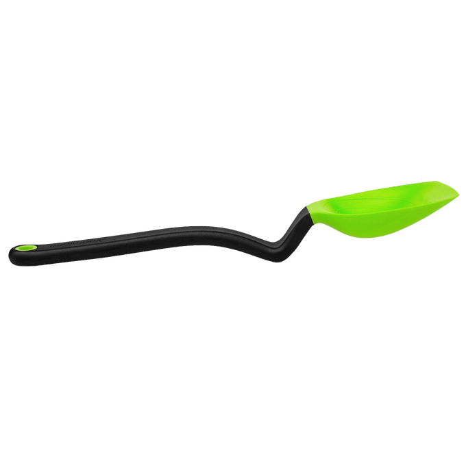 Flexible kitchen spoon with a curved black handle and bright green silicone scoop designed for measuring, scooping, and scraping in Kitchen & Food, Food Prep, and Measuring collections.