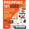 Cover of a preparedness guidebook featuring emergency supplies like matches, a knife, playing cards, seeds, first aid items, and a water filter, part of USA Made and Emergency Supplies collections.