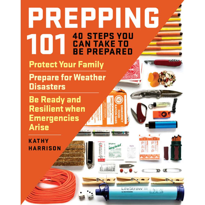 Cover of a preparedness guidebook featuring emergency supplies like matches, a knife, playing cards, seeds, first aid items, and a water filter, part of USA Made and Emergency Supplies collections.