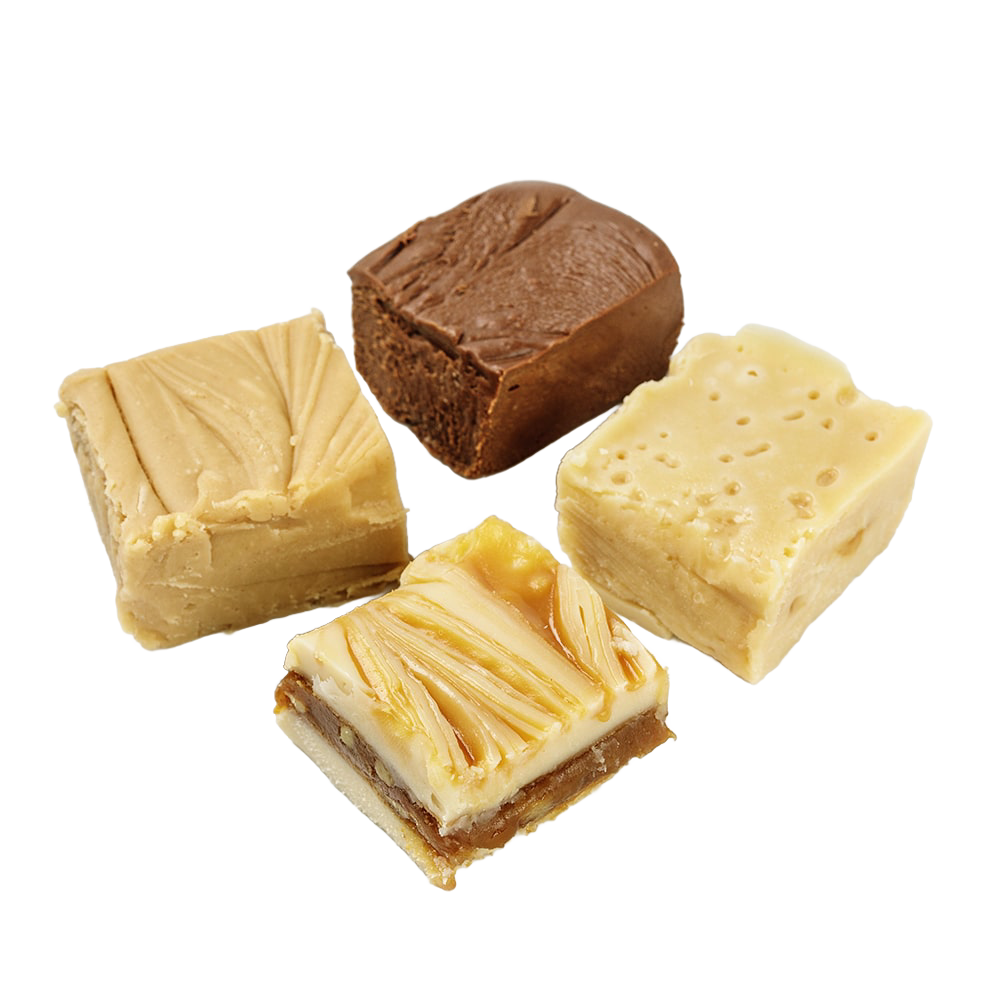 Four pieces of rich, creamy handcrafted fudge in assorted flavors including chocolate and praline, made with real butter and cream, perfect for Kitchen & Food, Snacks and Sweets, and Best Sellers collections.