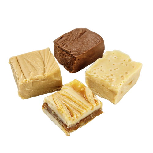 Four pieces of rich, creamy handcrafted fudge in assorted flavors including chocolate and praline, made with real butter and cream, perfect for Kitchen & Food, Snacks and Sweets, and Best Sellers collections.