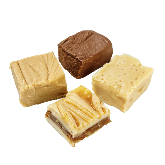 Four pieces of rich, creamy handcrafted fudge in assorted flavors including chocolate and praline, made with real butter and cream, perfect for Kitchen & Food, Snacks and Sweets, and Best Sellers collections.