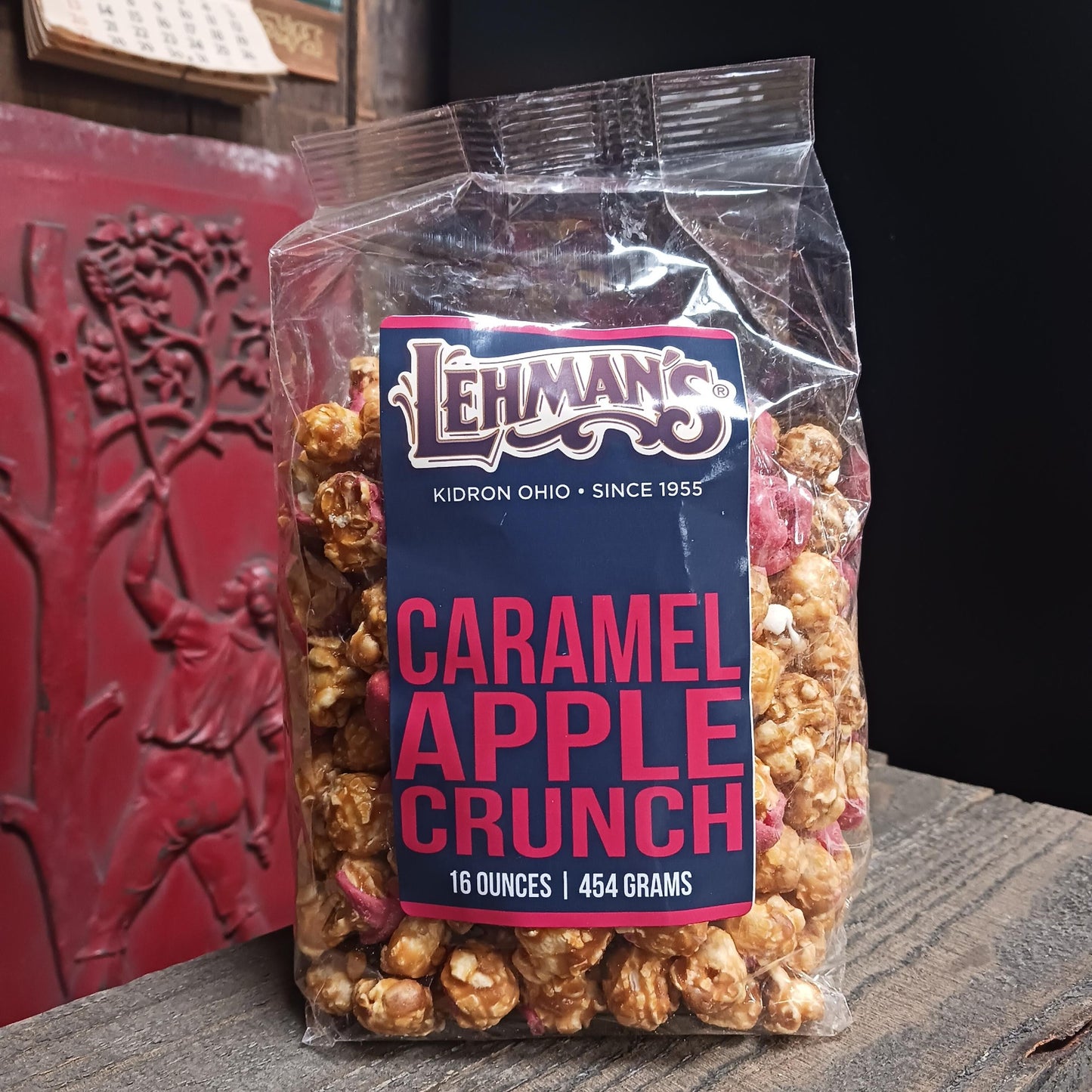 Clear bag of handcrafted caramel apple crunch popcorn with sweet and tangy apple flavor, made in USA, featured in Kitchen & Food, Snacks and Sweets, Popcorn, USA Made, and Best Sellers collections.