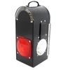 Handcrafted Amish-made black metal carriage lantern box featuring a red rear reflector and side window for Dietz oil lantern, suited for lamps, camping, and emergency supplies.