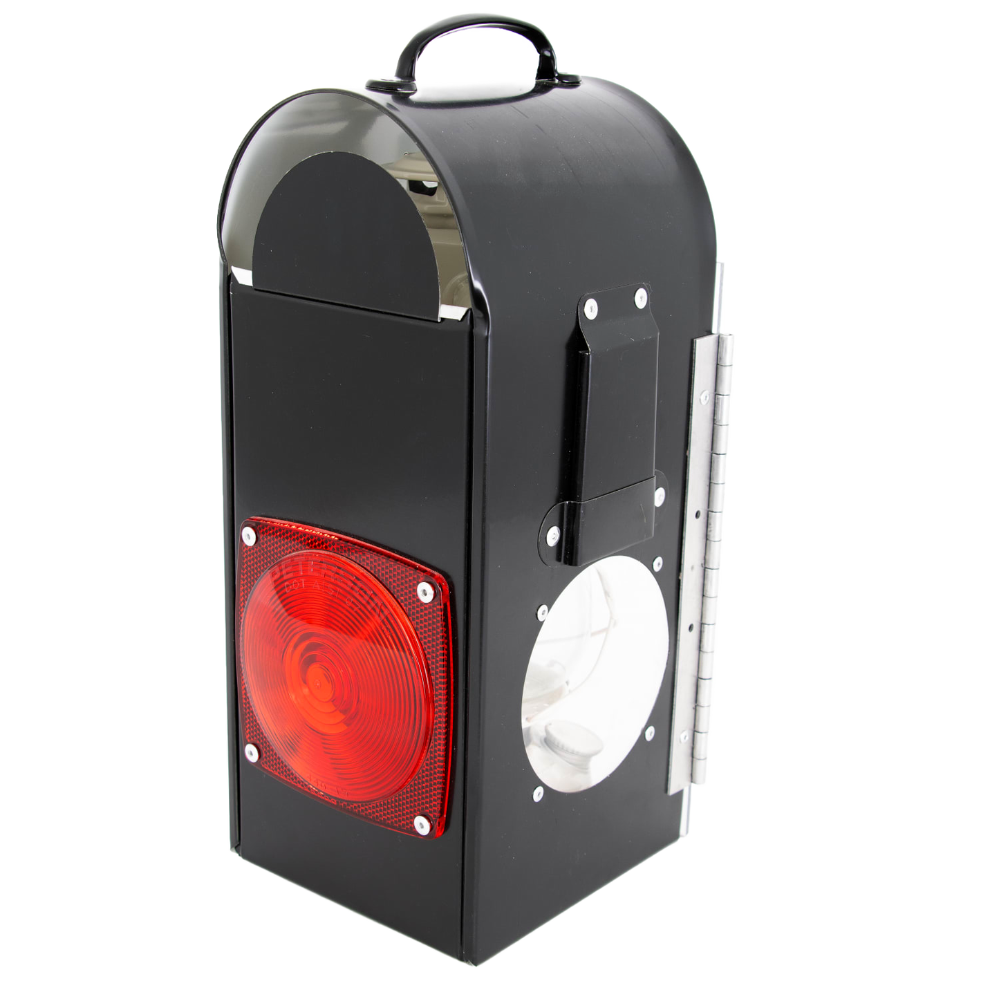 Handcrafted Amish-made black metal carriage lantern box featuring a red rear reflector and side window for Dietz oil lantern, suited for lamps, camping, and emergency supplies.