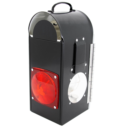 Handcrafted Amish-made black metal carriage lantern box featuring a red rear reflector and side window for Dietz oil lantern, suited for lamps, camping, and emergency supplies.