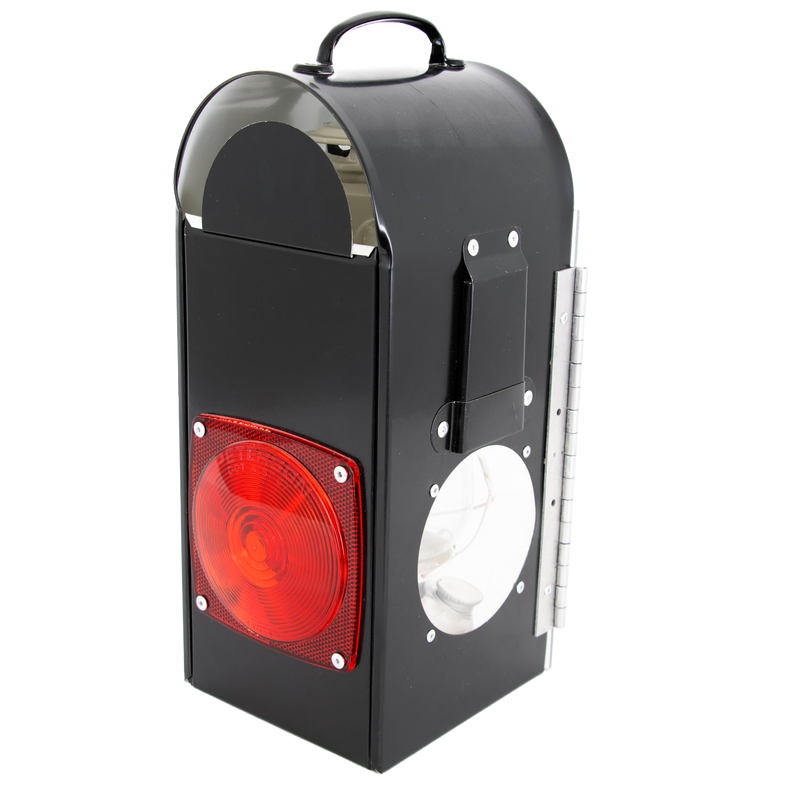 Handcrafted Amish-made black metal carriage lantern box featuring a red rear reflector and side window for Dietz oil lantern, suited for lamps, camping, and emergency supplies.