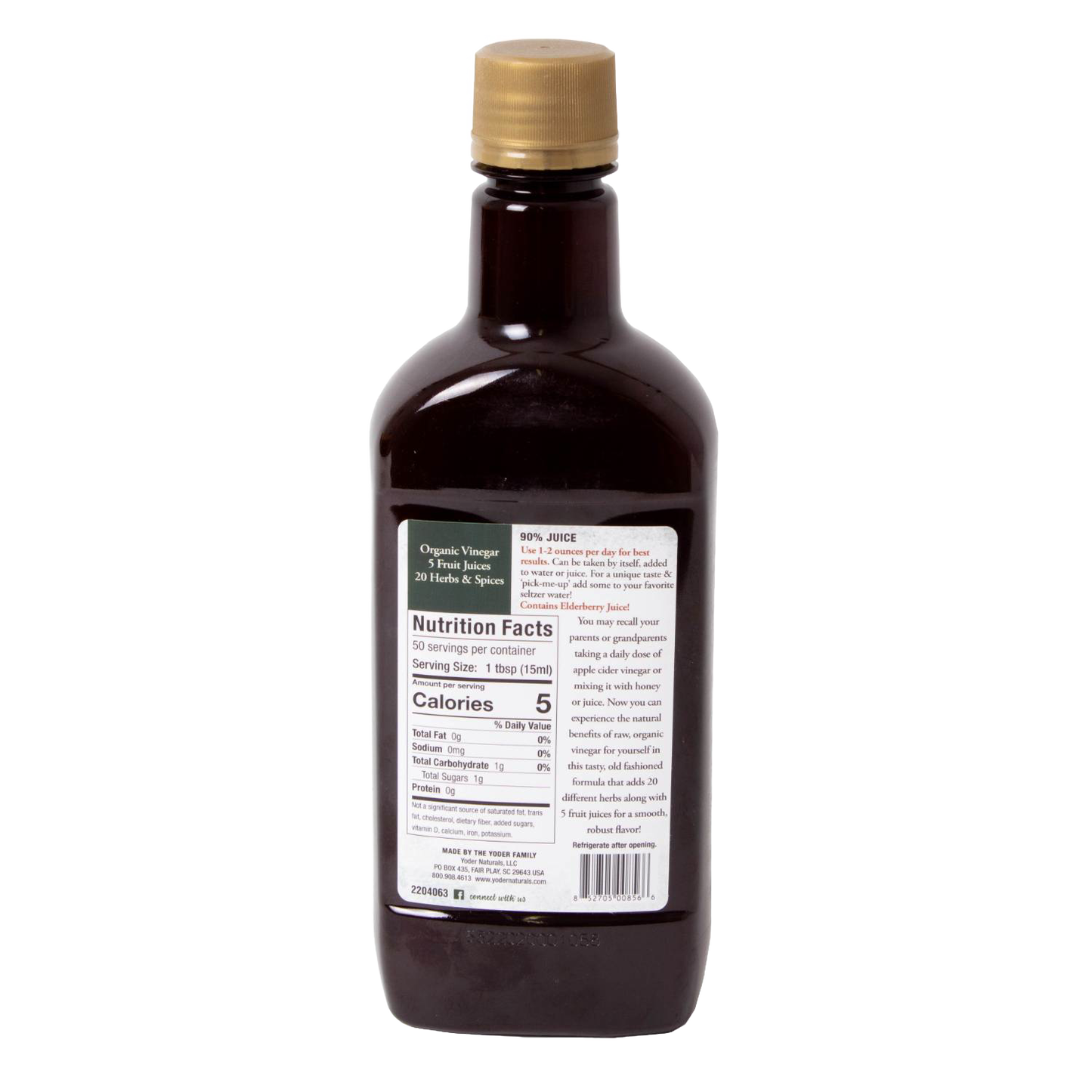 Brown bottle of handcrafted health tonic featuring detailed nutrition facts and usage instructions, made in USA and part of Health & Wellness and Best Sellers collections.