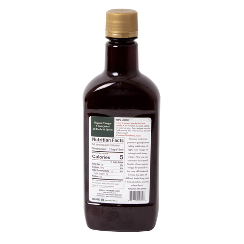 Brown bottle of handcrafted health tonic featuring detailed nutrition facts and usage instructions, made in USA and part of Health & Wellness and Best Sellers collections.