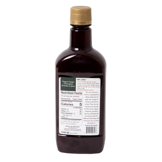 Brown bottle of handcrafted health tonic featuring detailed nutrition facts and usage instructions, made in USA and part of Health & Wellness and Best Sellers collections.