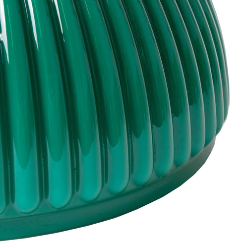 Close-up of a vibrant green ribbed glass oil lamp shade with a glossy finish, adding a warm, diffused glow and rustic charm to Farm, Garden & Tool and Lamps & Lighting collections.