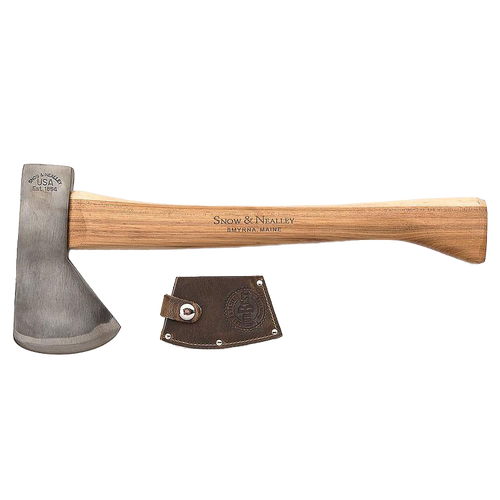 Handcrafted kindling axe with high carbon steel blade and smooth hickory handle, featuring a genuine leather blade guard, made in USA and Amish crafted for wood cutting and camping.