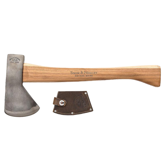 Handcrafted kindling axe with high carbon steel blade and smooth hickory handle, featuring a genuine leather blade guard, made in USA and Amish crafted for wood cutting and camping.
