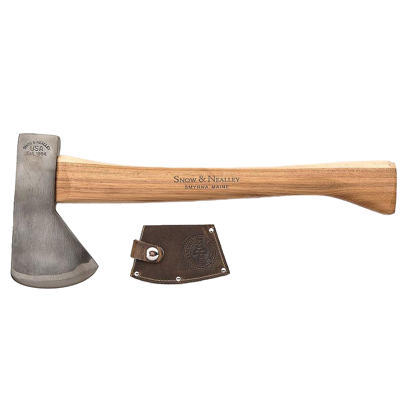 Handcrafted kindling axe with high carbon steel blade and smooth hickory handle, featuring a genuine leather blade guard, made in USA and Amish crafted for wood cutting and camping.