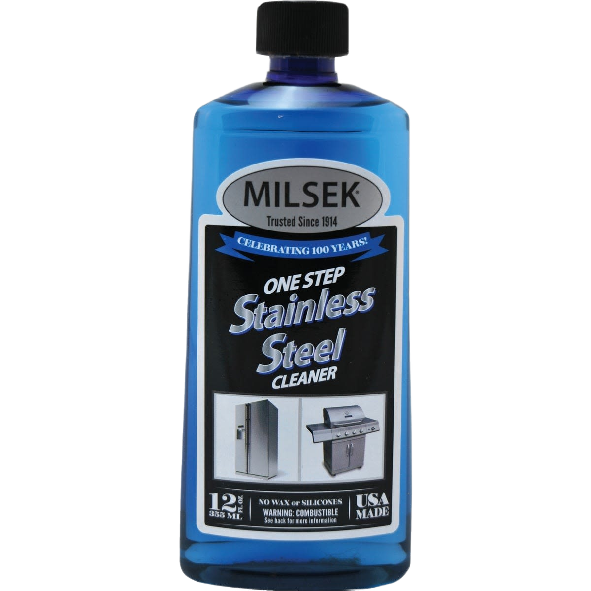 Blue bottle of stainless-steel cleaner and polish made in USA, designed for household cleaning and home decor, effective on kitchen appliances and grills, part of best sellers collection.