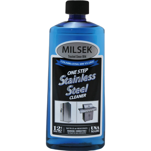 Blue bottle of stainless-steel cleaner and polish made in USA, designed for household cleaning and home decor, effective on kitchen appliances and grills, part of best sellers collection.