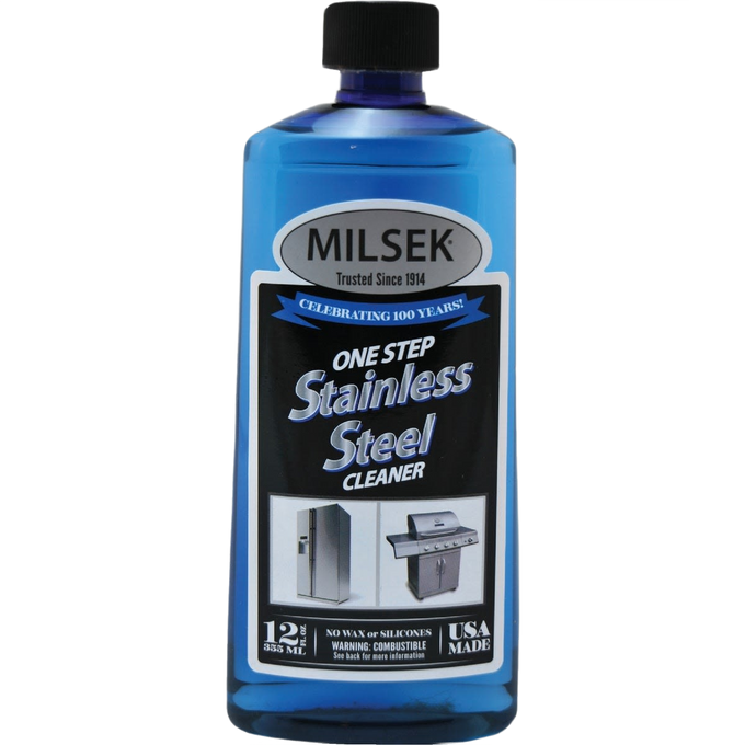 Blue bottle of stainless-steel cleaner and polish made in USA, designed for household cleaning and home decor, effective on kitchen appliances and grills, part of best sellers collection.