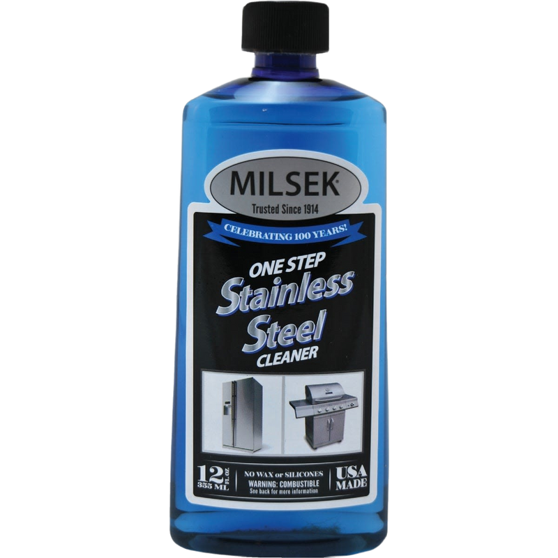 Blue bottle of stainless-steel cleaner and polish made in USA, designed for household cleaning and home decor, effective on kitchen appliances and grills, part of best sellers collection.