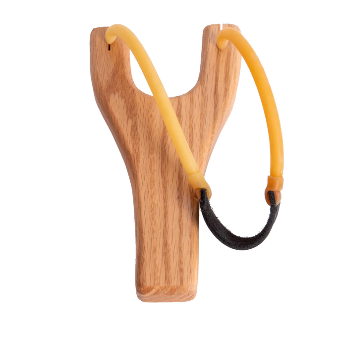 Handcrafted Amish-made slingshot with smooth oak handle and sturdy rubber tubing connected by black leather, featured in Toys, Books & Games, USA Made, Amish Made, and Lawn Games collections.