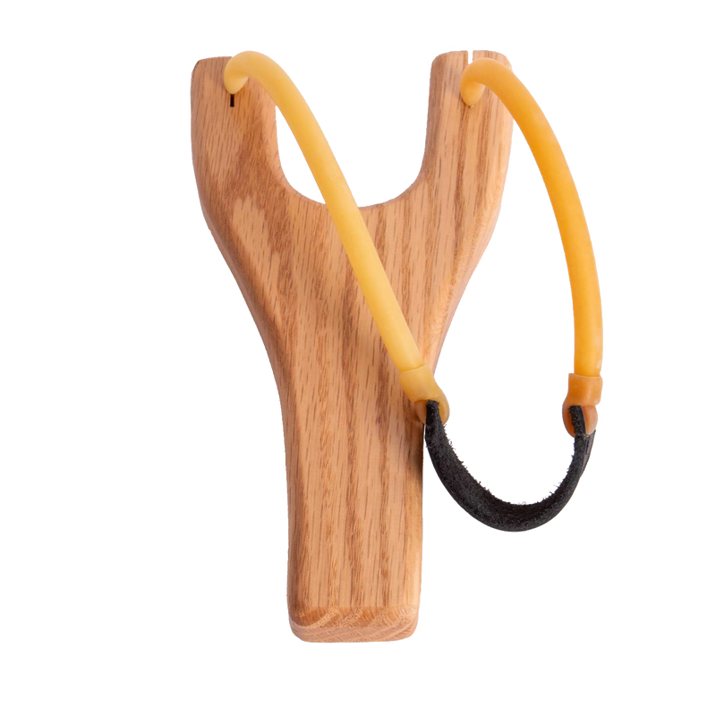 Handcrafted Amish-made slingshot with smooth oak handle and sturdy rubber tubing connected by black leather, featured in Toys, Books & Games, USA Made, Amish Made, and Lawn Games collections.
