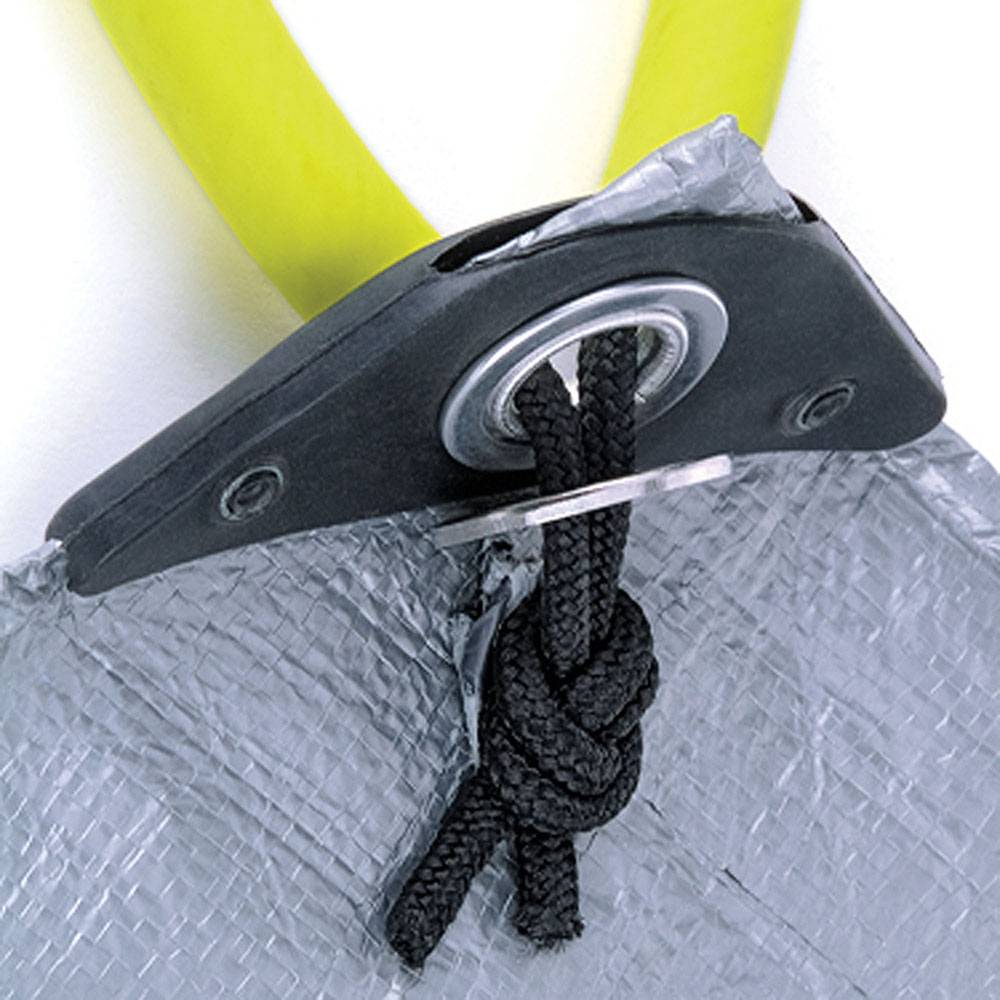 Close-up of black interlocking rubber handle attached to gray tarp corner with metal grommet and black rope tie, designed for easy yard cleanup, suitable for Farm, Garden & Tool and Lawncare collections.