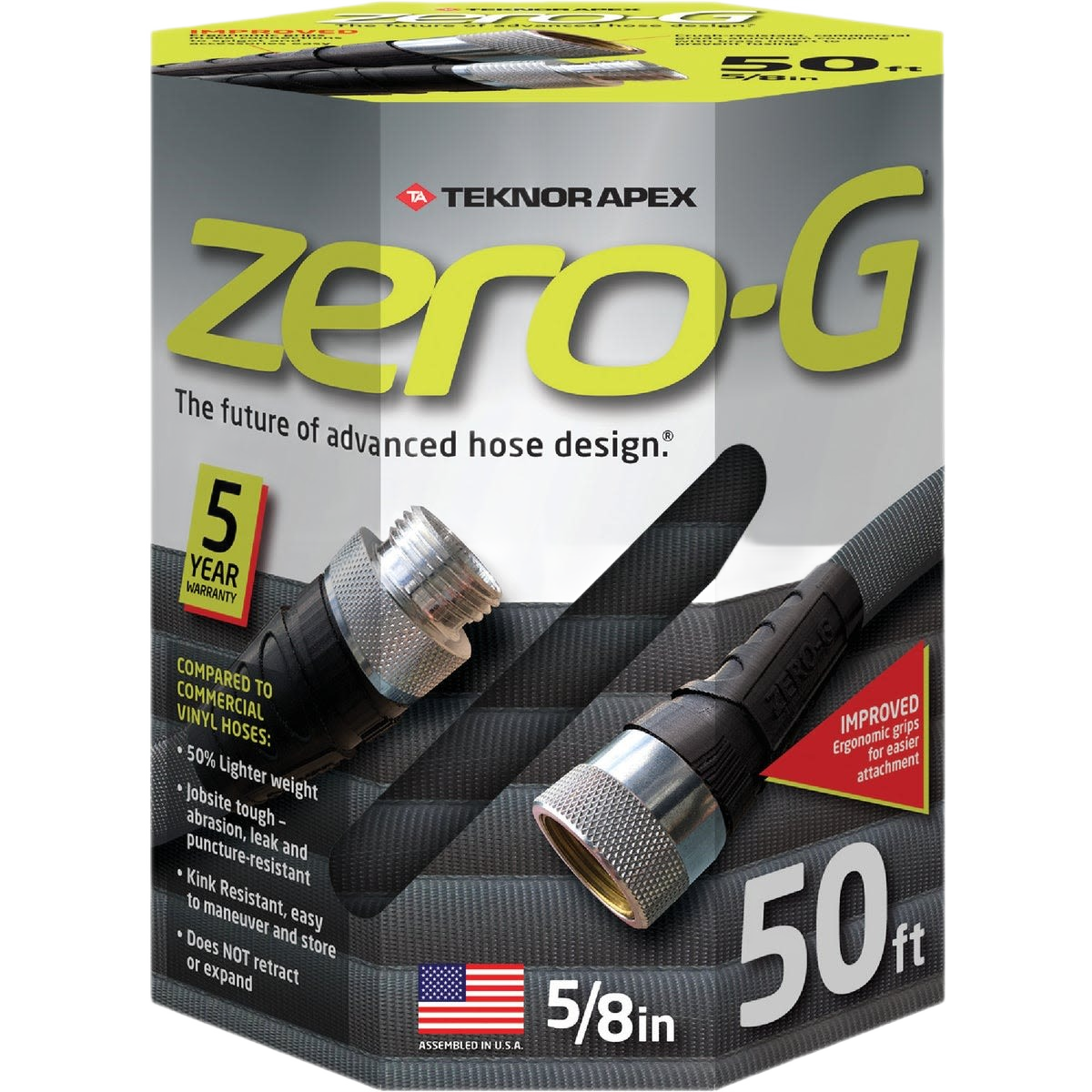 Packaging of a crush-proof, 50-foot lightweight garden hose with ergonomic grips and high durability, designed for easy storage and use in Farm, Garden & Tool, Garden Accessories, USA Made collections.