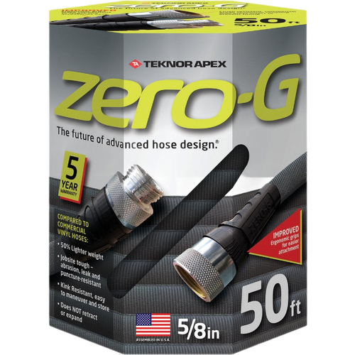 Packaging of a crush-proof, 50-foot lightweight garden hose with ergonomic grips and high durability, designed for easy storage and use in Farm, Garden & Tool, Garden Accessories, USA Made collections.