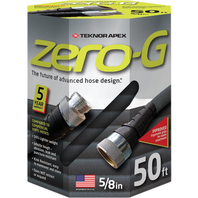 Packaging of a crush-proof, 50-foot lightweight garden hose with ergonomic grips and high durability, designed for easy storage and use in Farm, Garden & Tool, Garden Accessories, USA Made collections.
