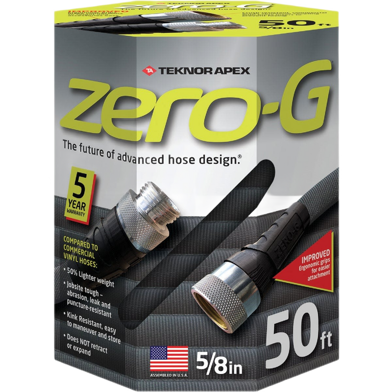 Packaging of a crush-proof, 50-foot lightweight garden hose with ergonomic grips and high durability, designed for easy storage and use in Farm, Garden & Tool, Garden Accessories, USA Made collections.
