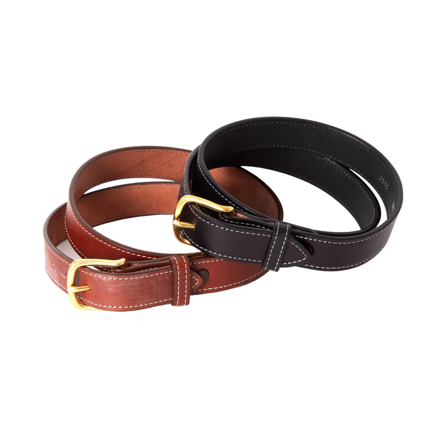 Pair of handcrafted Amish-made dressy leather belts in black and brown with fine stitching and polished brass buckles, featured in Clothing and Accessories, USA Made, Amish Made, and Best Sellers collections.