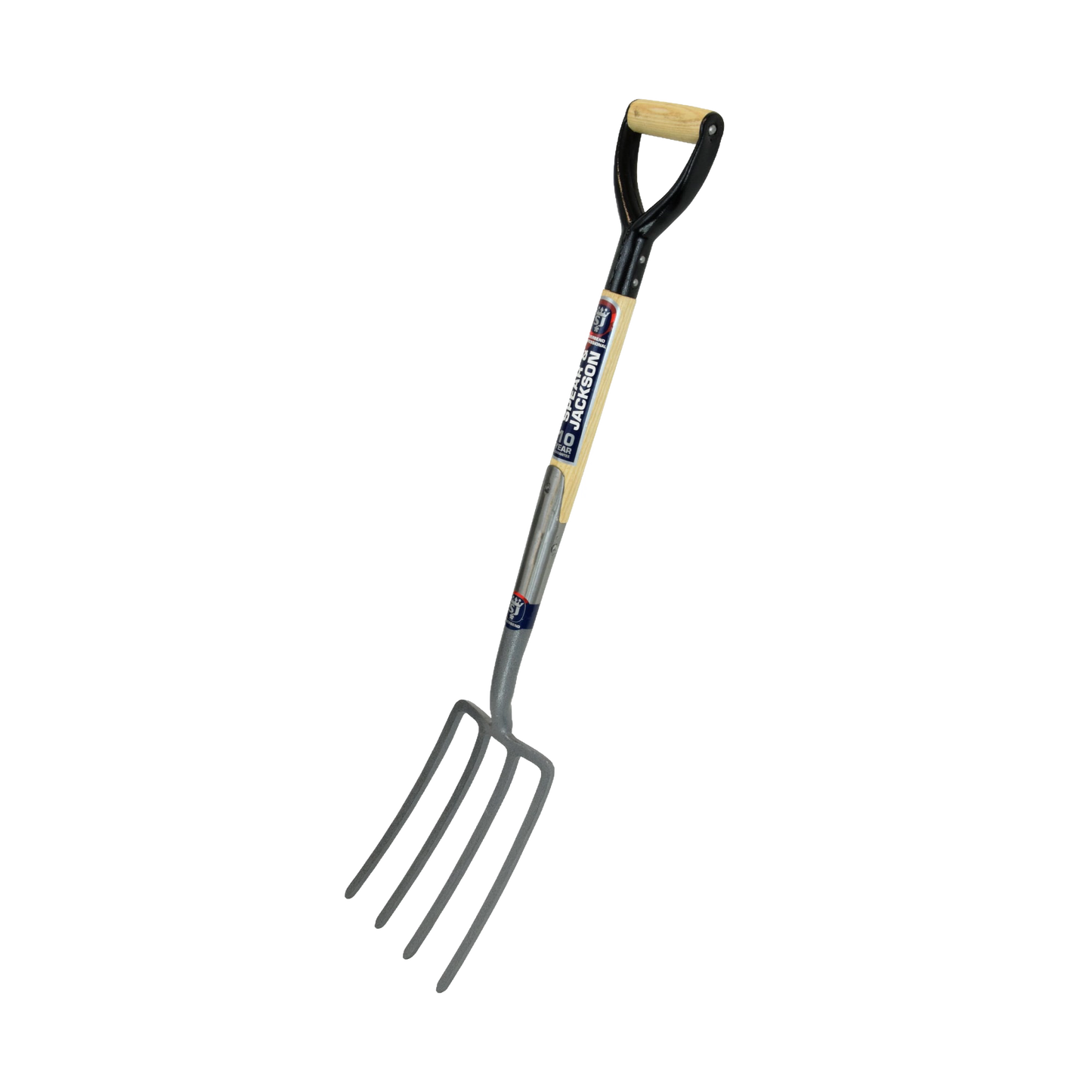 Heavy-duty digging fork with solid forged carbon steel tines and wooden D-handle, designed for turning and loosening soil in farm, garden, and lawncare tasks, featured in best sellers.