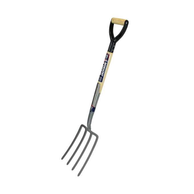 Heavy-duty digging fork with solid forged carbon steel tines and wooden D-handle, designed for turning and loosening soil in farm, garden, and lawncare tasks, featured in best sellers.