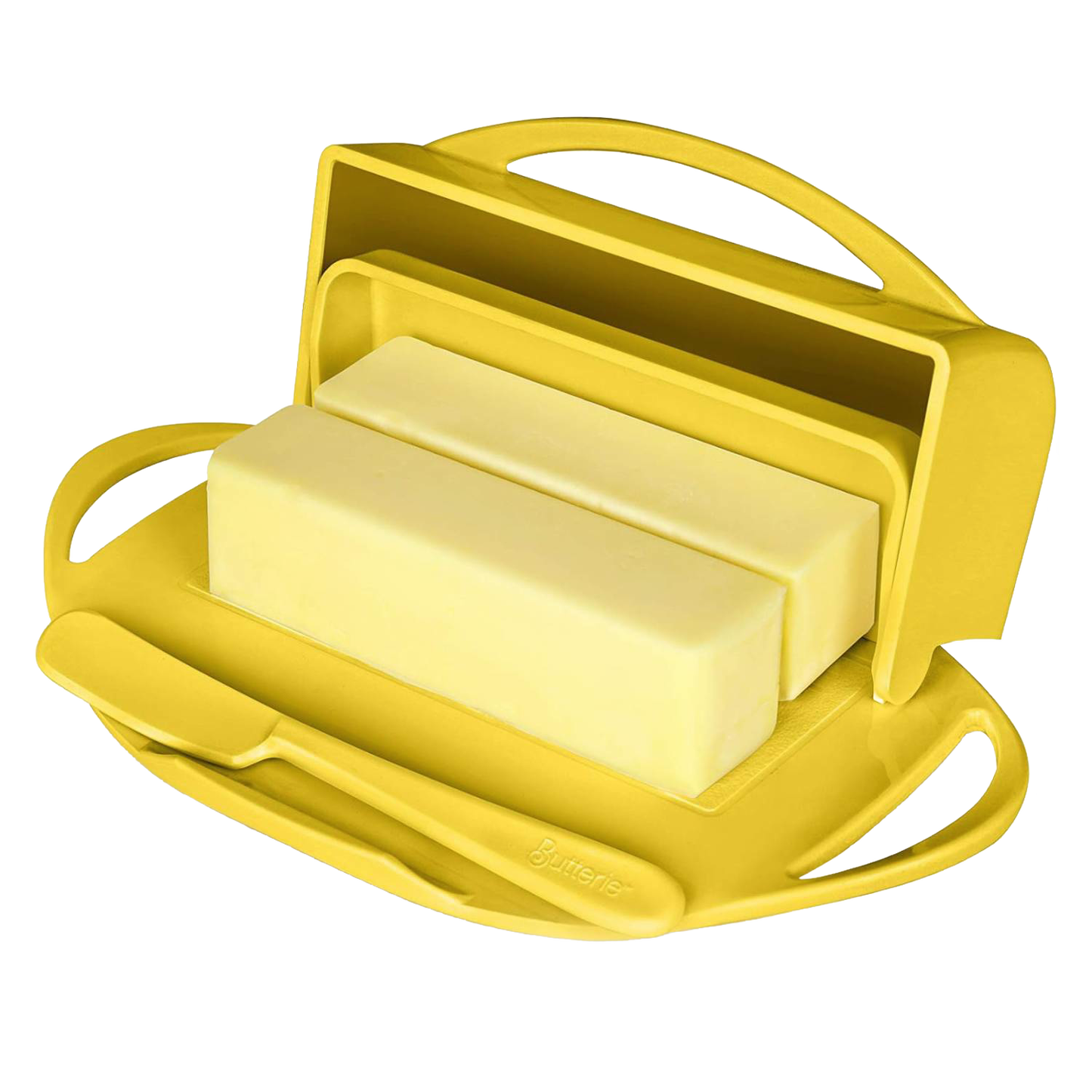 Yellow flip-top butter dish with a matching spreader resting in a designed cradle, offering mess-free butter storage and spreading, ideal for Kitchen & Food and Storage and Serving collections.