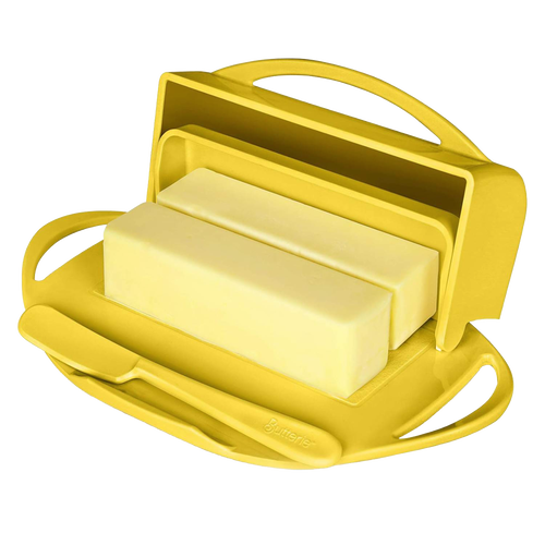 Yellow flip-top butter dish with a matching spreader resting in a designed cradle, offering mess-free butter storage and spreading, ideal for Kitchen & Food and Storage and Serving collections.
