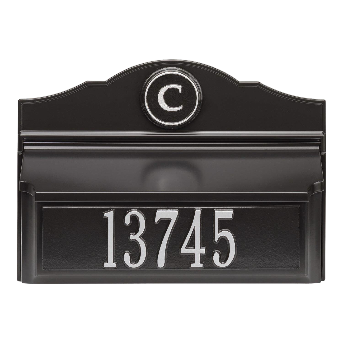 Black and silver personalized wall mount mailbox featuring a raised house number and monogram letter, handcrafted and made in USA, part of Home & Decor and Mailboxes collections.
