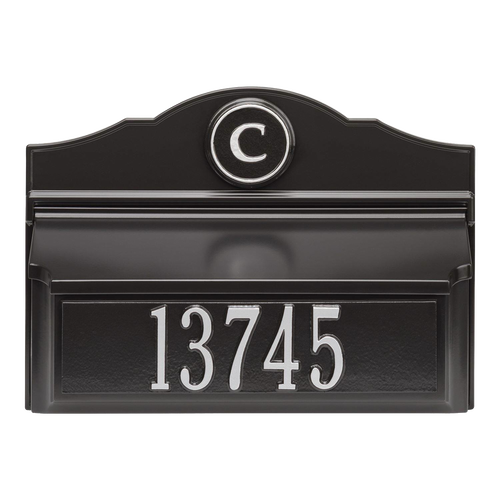 Black and silver personalized wall mount mailbox featuring a raised house number and monogram letter, handcrafted and made in USA, part of Home & Decor and Mailboxes collections.