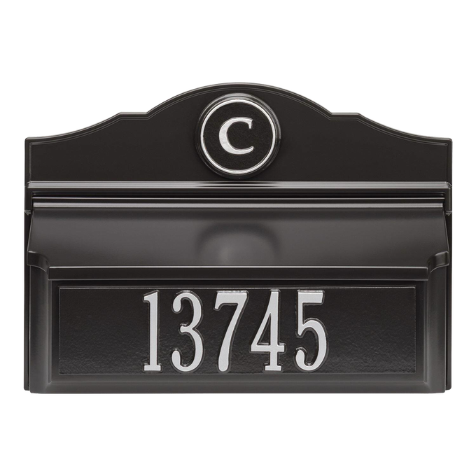 Black and silver personalized wall mount mailbox featuring a raised house number and monogram letter, handcrafted and made in USA, part of Home & Decor and Mailboxes collections.