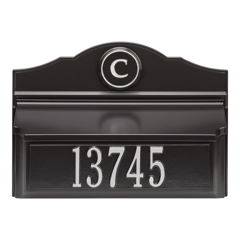 Black and silver personalized wall mount mailbox featuring a raised house number and monogram letter, handcrafted and made in USA, part of Home & Decor and Mailboxes collections.